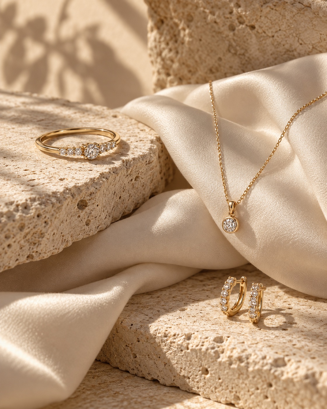 Gold and diamond jewelry arranged on stone and silk